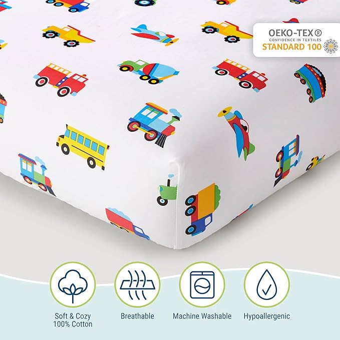 Wildkin 100% Cotton Toddler Sheet Set – Soft & Cozy Bed Sheets - Trains, Planes, and Trucks