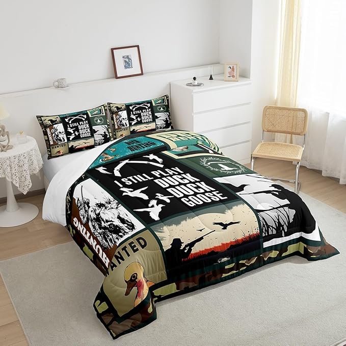 Feelyou Kids Duck Hunting Comforter Set Full Size, Green Duck Bedding Set Hunting Fishing Comforter for Kids Boys Girls Wildlife Duvet Insert Room Decor with 2 Pillow Case