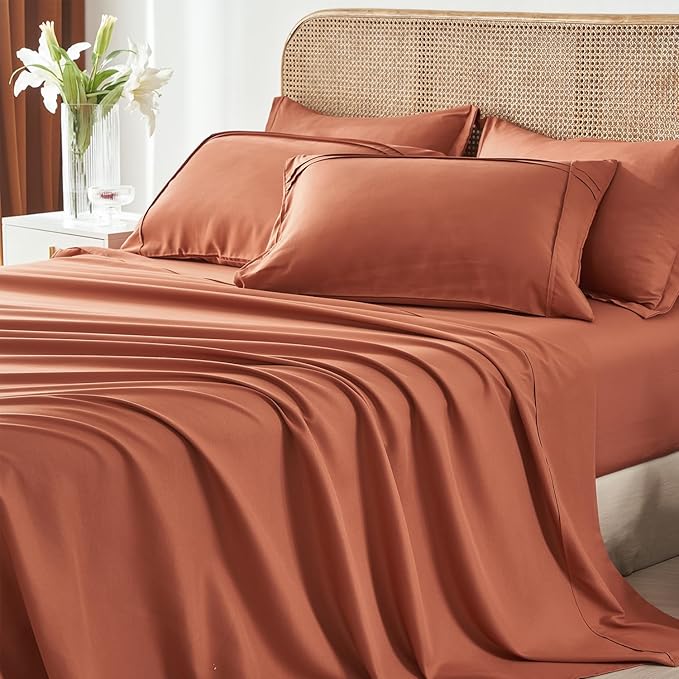 Yogeneg King Size Comforter Set 7 Piece Bed in a Bag,Grid Pinch Pleat Terracotta Bedding Set,Striped Textured Soft Microfiber Comforter with Sheet Set,All Season Complete Bed Set(Terracotta,King)