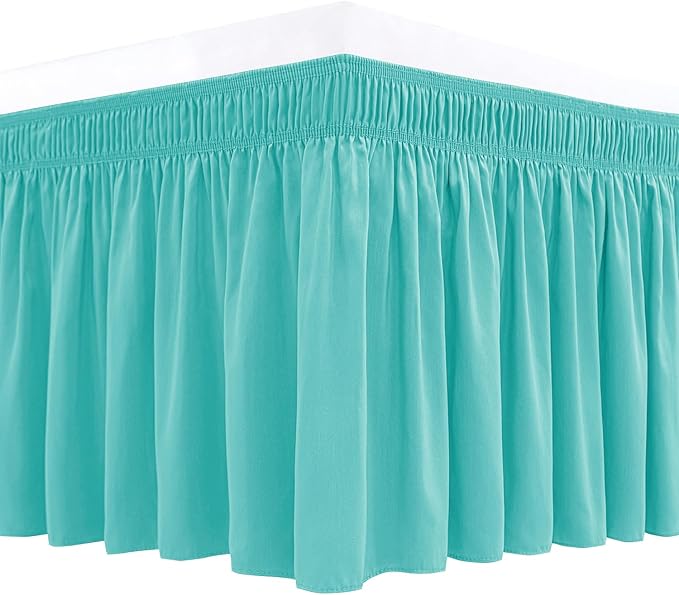 Biscaynebay Wrap Around Bed Skirts for Queen Beds with Short Drop of 12", Aqua Adjustable Elastic Dust Ruffles Easy Fit Wrinkle Resistant Silky Luxurious Fabric Machine Washable