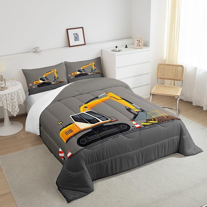 Feelyou Excavator Comforter Set Boys Cute Vehicles Truck Car Print Bedding Set Kids Cartoon Machinery Cars Comforter for Teens Room Decor Construction Site Duvet Set King Size Boys