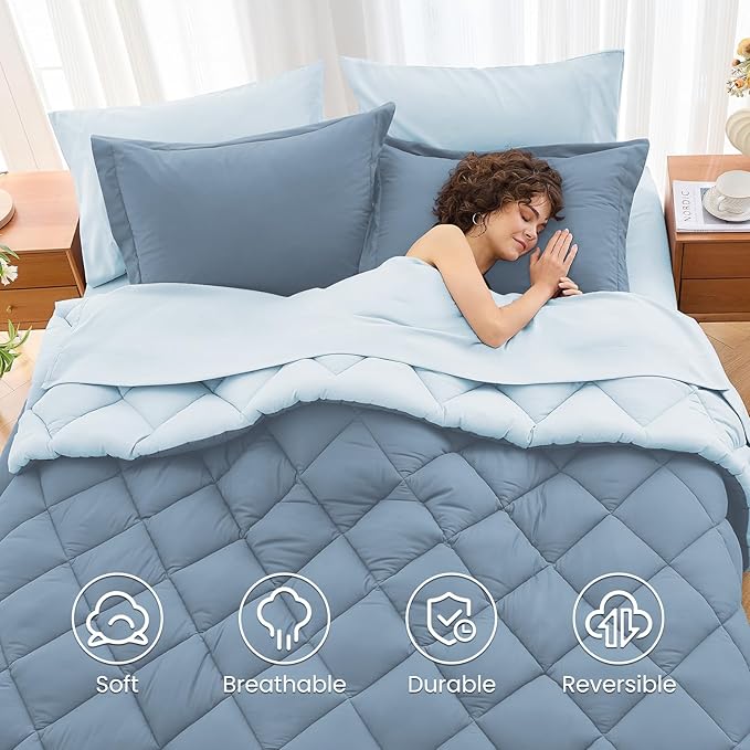 MUXHOMO 5 Pieces Twin XL Comforter Set, Reversible Bed in a Bag Twin XL Size, All Season Bedding Set with Comforter, Flat Sheet, Fitted Sheet, Pillowcases & Shams, Mineral Blue & Light Blue