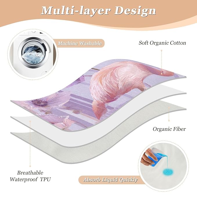 Waterproof Bed Pad Reusable Changing Pad Toddler Mattress Protector Large Pee Pad Baby Diaper Pad Soft Washable Liner Purple Flamingo Flower