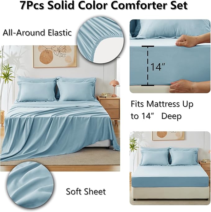 CozyLux King Size Comforter Set Light Blue, 7 Pieces Bed in a Bag King Comforter Set with Sheets, Bedding Set with Down Alternative Comforter, Fitted Sheet, Flat Sheet, Pillow Shams and Pillowcases
