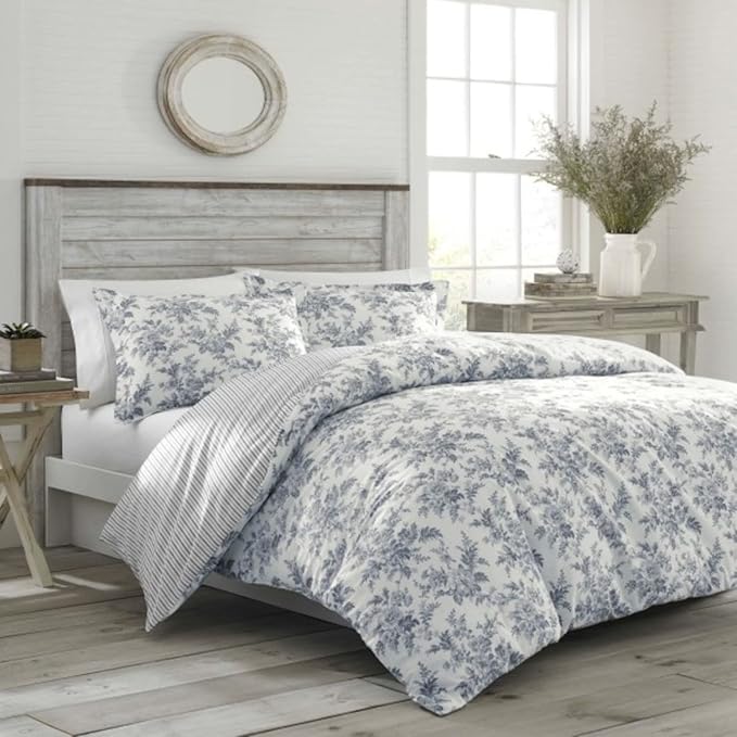 Laura Ashley Home - Queen Comforter Set, Reversible Cotton Bedding, Includes Matching Shams with Bonus Euro Shams & Throw Pillows (Annalise Grey, Queen)