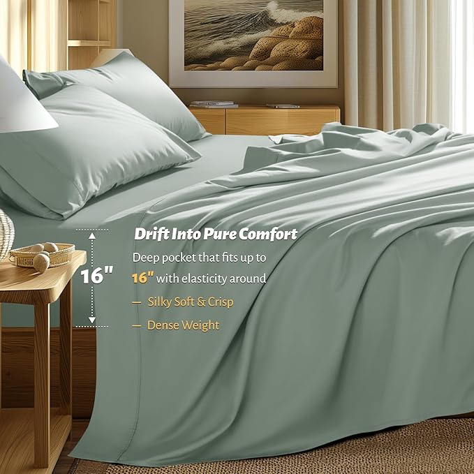 Shilucheng 100% Egyptian Cotton King Size Sheets Set - 1000 Thread Count，Luxury Cotton Bed Sheets，Breathable & Cooling Bedding and Pillow Cases, 16 Inch Deep Pocket - 4 Piece (Sea Glass, King)