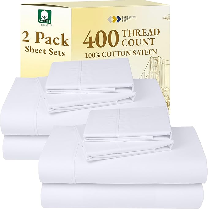 California Design Den 2-Pack Full Size Sheet Sets - 400 Thread Count 100% Cotton Sateen - Soft and Breathable Sheets, 2 Sets of Deep Pocket Bed Sheets - Bright White