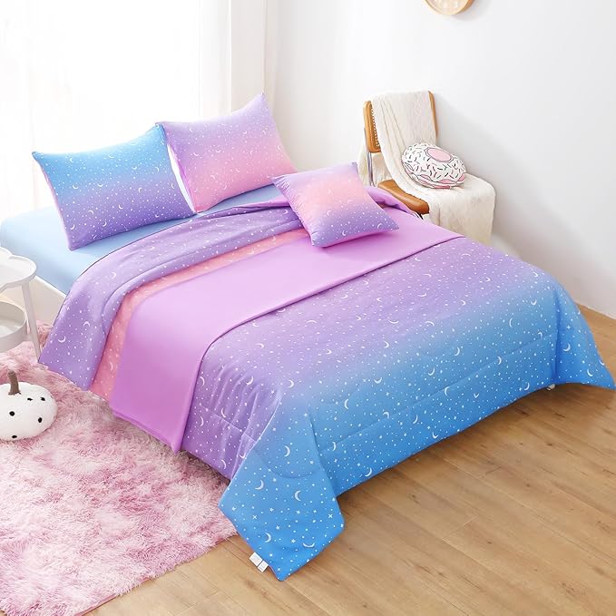 JQinHome Queen Girls Comforter Set,6 Piece Bed in A Bag 3D Purple Orange Glitter Bedding Set -All Season Microfiber Rainbow Bedding Sets for Girls Women