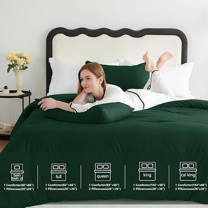 CozyLux Dark Emerald Green Comforter Set Twin/Twin XL Size, 2 Pieces Twin Extra Long Solid Breathable Quilted Bedding Sets, Soft Bed Set with Down Alternative Comforter and 1 Pillowcase for All Season
