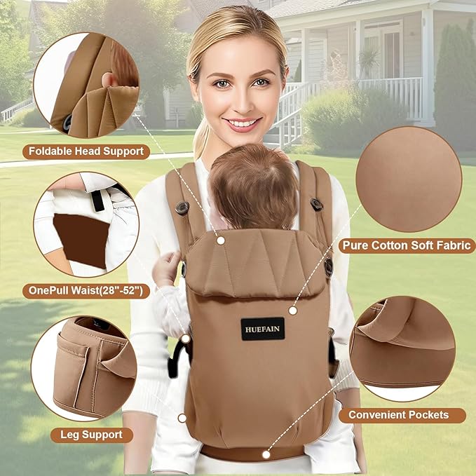 Baby Carrier (7–44lbs), Soft Breathable Double-Shoulder Carrier with Adjustable Support, Ergonomic Design for Hip Positioning, Comfort Waist Support, Lightweight Hands-Free Baby Carrier (Brown)