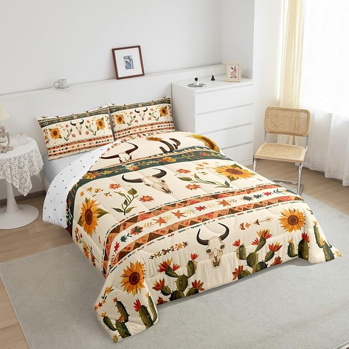 Feelyou Rustic Western Comforter Set Queen Size Bull Skull Floral Printed Bedding Set for Kids Boys Girls Room Decor Vintage Sunflower Farmhouse Comforter Geometric Western Boho Quilt Set