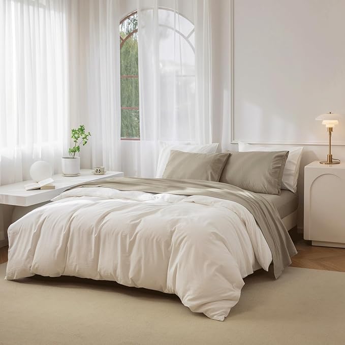 JIYUAN 100% Washed Cotton Sheet Set 4 Pieces Queen,1 Fitted Sheet,1 Flat Sheet and 2 Pillowcases,Comfy and Breathable Linen Like Bedding Set,Khaki
