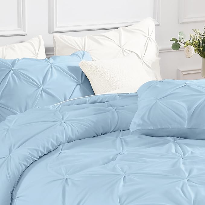 Andency Light Blue Pinch Pleat Comforter Twin(66x90Inch), 2 Pieces(1 Down Alternative Comforter and 1 Pillowcase) Bed Set Microfiber Pintuck Bedding Set