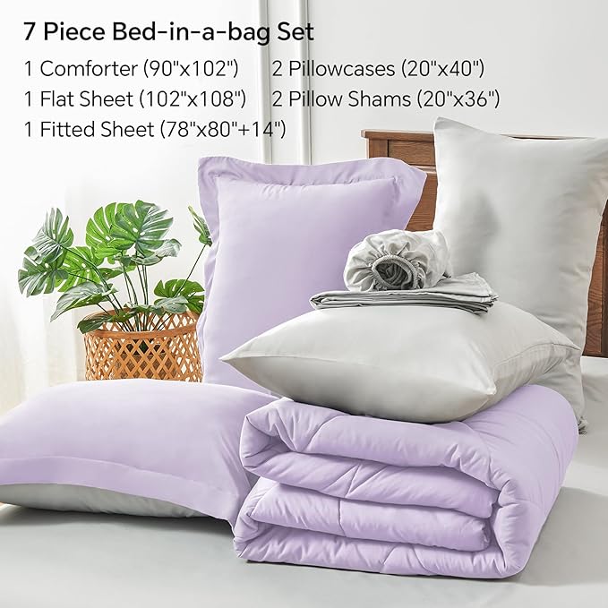 BEDELITE King Size Comforter Set 7 Pieces Bed in A Bag - Soft Microfiber Reversible Lavender Bed Set with Comforters, Sheets, Pillowcases & Shams, Cozy Luxury Bedding Sets for All Season