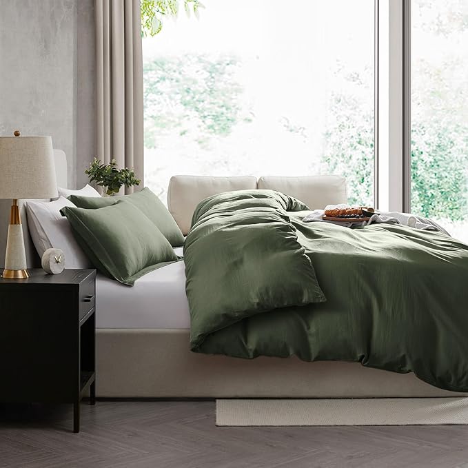 Nestl Olive Green Duvet Cover Queen Size - Soft Prewashed Queen Duvet Cover Set, 3 Piece, with Zipper Closure, 1 Duvet Cover 90x90 inches and 2 Pillow Shams