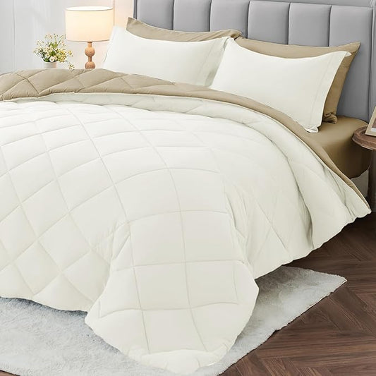 MUXHOMO 7 Pieces Queen Comforter Set, Reversible Bed in a Bag Queen Size, All Season Bedding Set with Comforter, Flat Sheet, Fitted Sheet, Pillowcases & Shams, Ivory & Khaki
