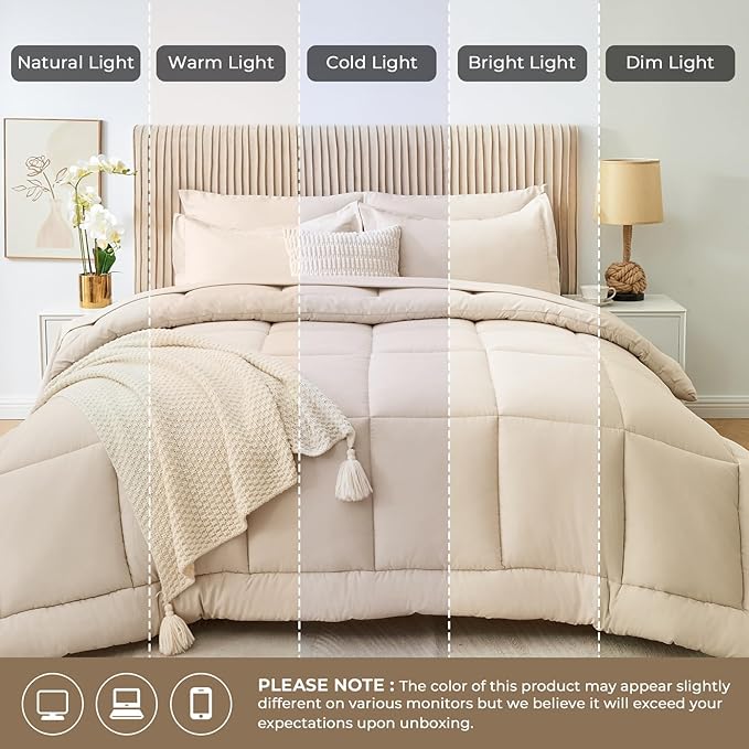 Sasttie California King Comforter Set, 7 Pieces Cal King Bed in a Bag, Complete Bedding Set Includes Comforter, Flat Sheet, Fitted Sheet, Pillowcases and Pillow Shams, Beige