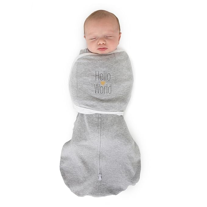 SwaddleDesigns 6-Way Omni Swaddle Sack, Arms Up Swaddle for Newborn, More Options to Calm Startle Reflex, Improves Sleep, Small, 0-3 Month, 6-14 lbs, Gray, Hello World