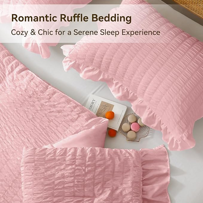 JOLLYVOGUE Pink Comforter Full Size, 3 Pieces Seersucker Lightweight Full Size Bedding, All Season Fluffy Microfiber Bedding Comforter Set with 1 Ruffle Comforter and 2 Ruffle Pillowshams