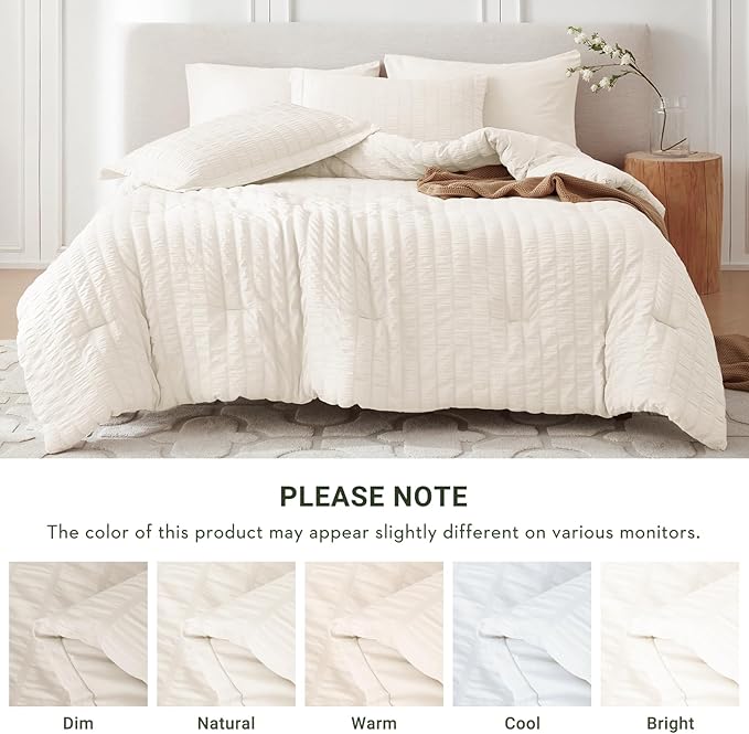 MUXHOMO 7 Pieces California King Comforter Set, Seersucker Bed in a Bag Cal King Size, All Season Luxury Bedding Set with Comforter, Flat Sheet, Fitted Sheet, Pillowcases & Shams, Ivory