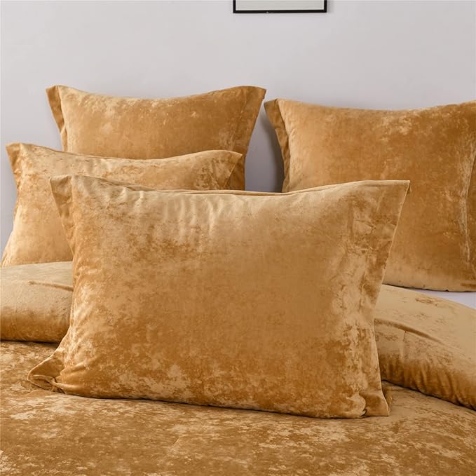 Sunshine Nicole Distressed Velvet Comforter Set, Distressed Velvet Face and Brushed Solid Microfiber Reverse, with Light Weight Soft Poly Fill, 5 Pieces Deco Gold, King