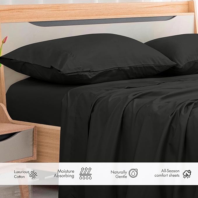 Royale Linens 300 Thread Count 100% Long Staple Combed Cotton Flat Sheet - Super Soft - Top Sheets - California King Flat Sheet Sold Separately - Breathable, Cool & Crisp Sheets Only (Cal King, Black)