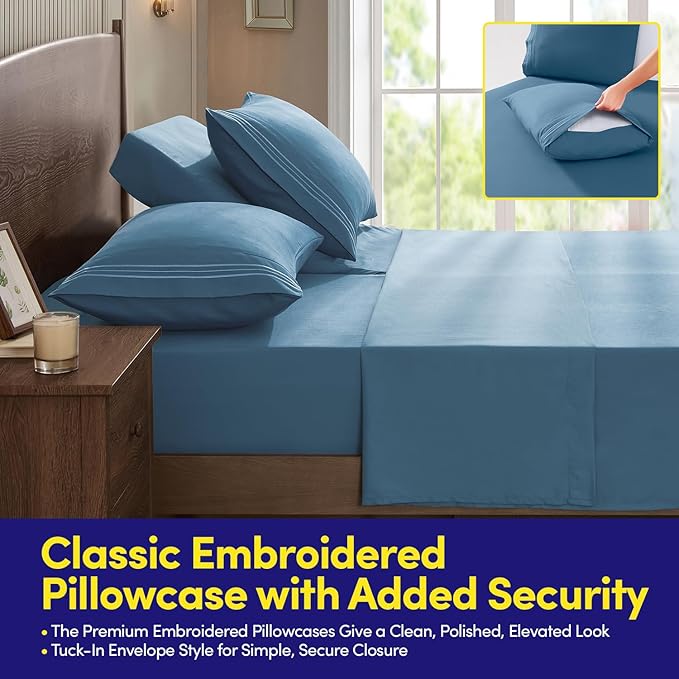 Split Head King Sheets Set for Adjustable Beds 4 Piece Flex Top Bed Sheets – Deep Pocket Split Top Fitted Sheet with Built-in Corner Straps, Luxury Soft Cooling Bedding, Wrinkle Resistant, Denim