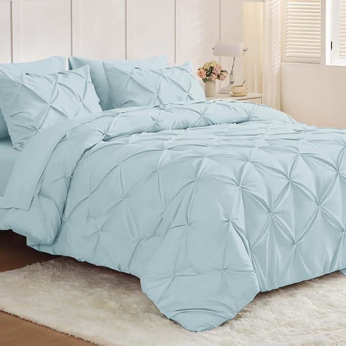 JOLLYVOGUE Full Size Comforter Sets 7 Pieces - Bed in a Bag Full for All Season, Pintuck Bedding Comforter Sets with Comforter, Flat Sheet, Fitted Sheet and Pillowcases & Shams, Light Blue