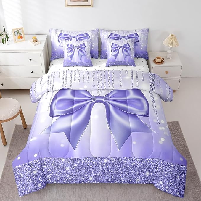 Feelyou Kids Cute Bowknot 7 Pieces Bedding Set Queen Size, Dreamy Princess Bed in A Bag Boys Girls Glitter Comforter Set with Sheets Watercolor Bow Teens Bed Set Bedroom Decor 7Pcs