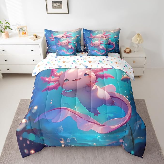 Feelyou Kids Cute Axolotl Bed in A Bag Full Size, Cartoon Salamander Comforter Set with Sheets Kawaii Animal 7 Pieces Bedding Set Boys Girls Ocean Sealife Teens Bed Set Bedroom Decor 7Pcs