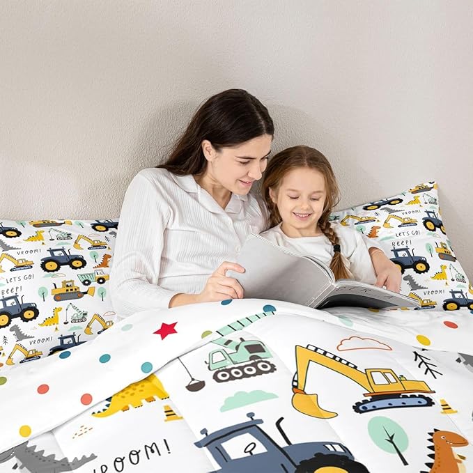 Cartoon Car Kids Comforter Set King, Excavator Tractor Bedding Set for Child Teens, Dinosaur Comforter Equipment Truck Quilted Duvet, Heavy Machinery Construction Bedding Comforter with 2 Pillowcases