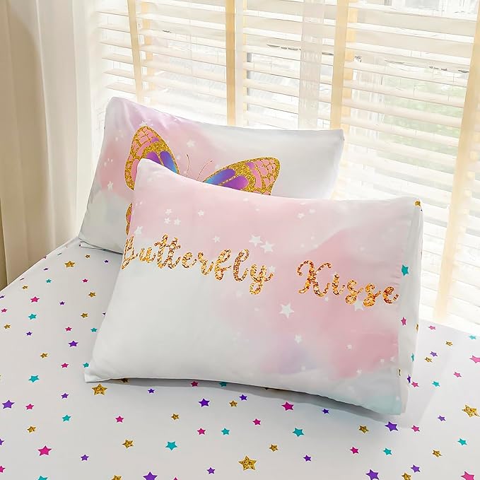 Cokouchyi Twin Size Comforter Set for Girls, 5-Piece Bed in a Bag, 3D Colorful Butterfly Bedding Comforter Sheet Set, Ultra Soft and Fluffy, Pink & Rainbow Color