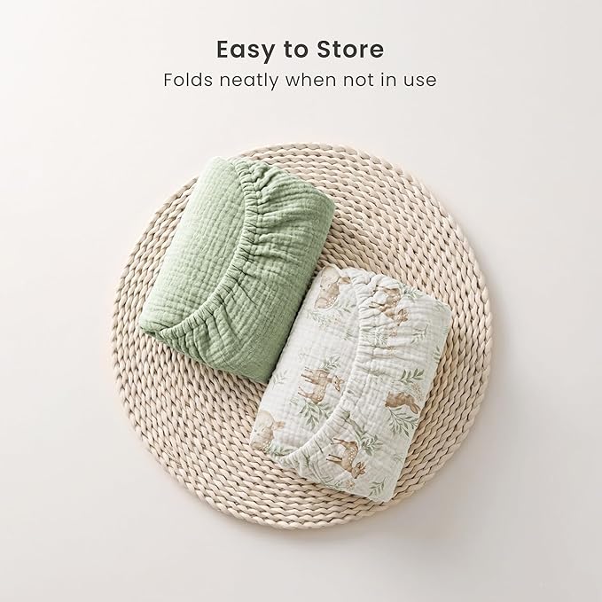 Konssy 2 Pack Muslin Bassinet Sheets for Boys, Girls, 100% Cotton Soft Breathable Fitted Bassinet Mattress Sheet, 33 x 21 inches (Woodland,Sage)