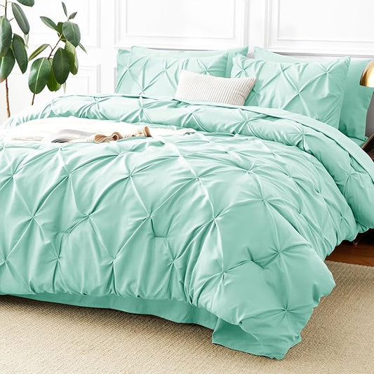 CozyLux Full Size Comforter Sets Mint Green, 7 Pieces Pintuck Bed in A Bag Green Comforter Full Size, Pinch Pleat Bedding Sets with All Season Comforter, Flat Sheet, Fitted Sheet, Pillowcases & Shams