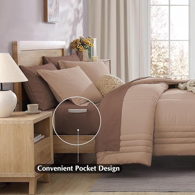 Monbix Full Comforter Set - 7 Pieces Rust Pink Bed in a Bag Full Size Bedding Sets with Comforters, All Seasons Comforter with Sheets, Pillowcases & Shams