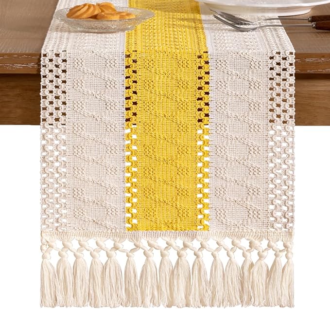 Socomi Boho Table Runner Valentine's Day Farmhouse Rustic Dining Kitchen Centerpiece Decor Small Macrame Woven Cotton Coffee Table Runner for Dresser Scarf Home Decor 12x72 in Yellow Gold Ivory