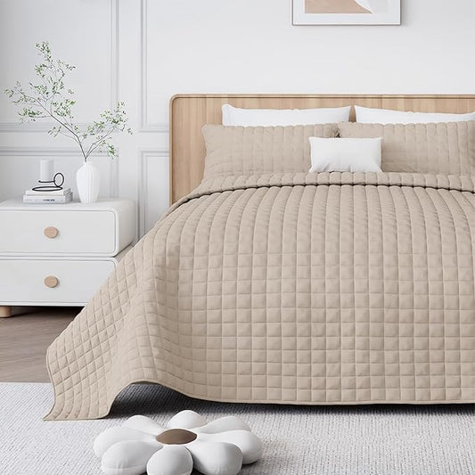 Luxury Velvet Quilt Set King Size, Comforter Set with Pillow Shams, Soft Lightweight Bedspread Coverlet Bedding Sets for All Seasons, Light Khaki