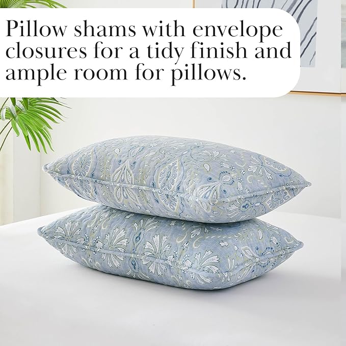 Southshore Fine Living, Inc. Boho Quilt Set, Lightweight Bedspread, Summer Coverlet, 3-Piece Paisley Bedding Set with Two Matching Pillow Shams, California King Quilts, Blue Paisley