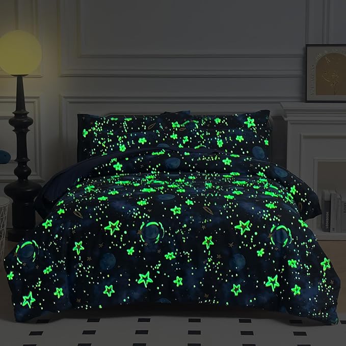 Glow in The Dark Kids Comforter Set, 5 Pieces Blue Space Bedding Set Twin Size for Boys Girls Teen, 1 Comforter, 1 Pillowcase, 1 Pillow Sham, 1 Flat Sheet, 1 Fitted Sheet