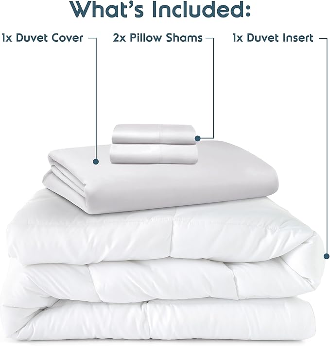 Nestl Queen Duvet Cover Set with Comforter Insert - White 4 Piece 90x90 Duvet Cover & 2 Pillow Shams with White Quilted Down Alternative Comforter, Ultra Soft, All Season