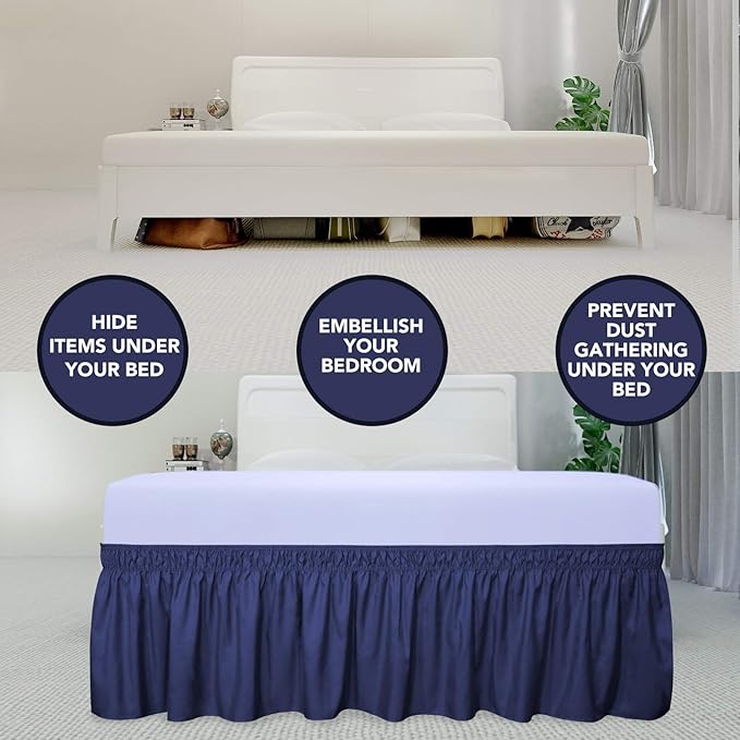 PureFit Wrap Around Ruffled Bed Skirt with Adjustable Elastic Belt - 18 Inch Drop Easy to Put On, Wrinkle Free Bedskirt Dust Ruffles, Bed Frame Cover for Twin,Twin XL and Full Size Beds, Navy