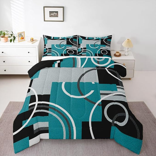Modern Turquoise Decor Comforter King Geometric Circles Gird Bedding Set For Boys Girls Kids Teens Adult Black Grey Down Comforter Stripe Swirls Duvet Set Modern Graphic Texture Quilted Comforter