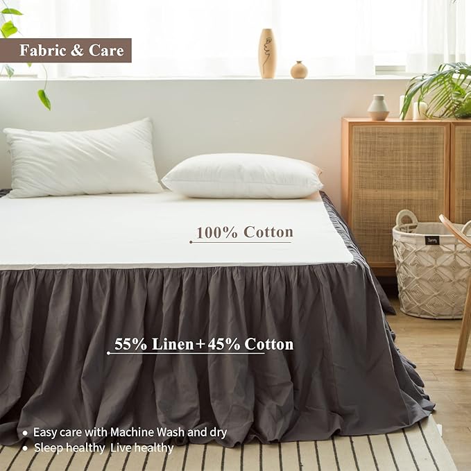 BISELINA French Linen Bed Skirt with Pleated Frills 14-Inch Tailored Drop Natural Flax Cotton Blend Dust Ruffle Soft Cozy Farmhouse Bedding (14" King, Ruffle Dark Grey)
