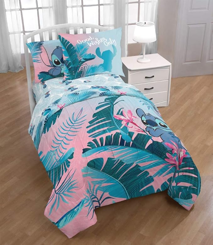 Jay Franco Disney Lilo & Stitch Floral Fun 5 Piece Twin Bed Set - Includes Reversible Comforter & Sheet Set Bedding - Super Soft Fade Resistant Microfiber