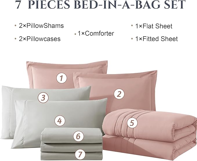 Monbix Queen Comforter Set - 7 Pieces Light Pink Bed in a Bag Queen Bedding Sets with Comforters, All Seasons Comforter Bed Set with Sheets, Pillowcases & Shams