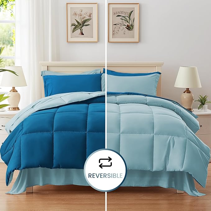 Anluoer Queen Comforter Set,Teal&Light Blue Bed in a Bag 7 Piece,Lightweight Bedding Set with Soft Down Alternative Fill,Bed Set Includes Comforter, Fitted Sheet, Flat Sheet,Pillowcases and Shams