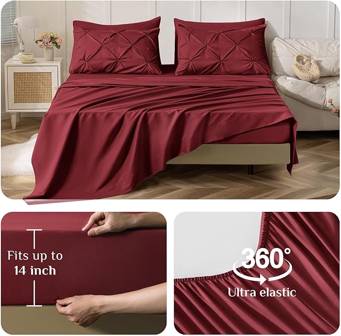 JOLLYVOGUE Twin Comforter Set 5 Pieces - Bed in a Bag Twin for All Season, Pintuck Bedding Comforter Sets with Comforter, Flat Sheet, Fitted Sheet and Pillowcases & Shams, Burgundy