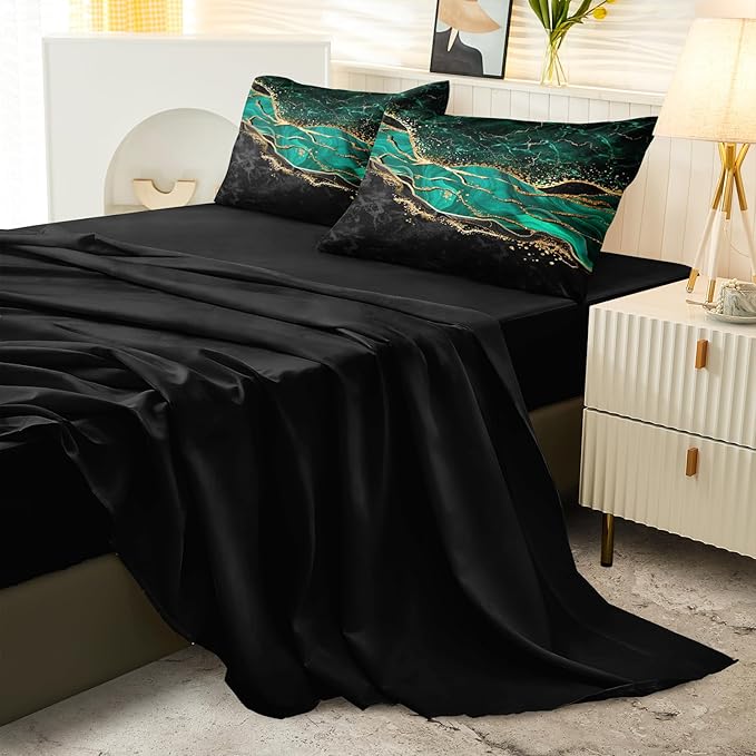 Green Marble Comforter Set Emerald Green Bedding Comforter Black Gold Marble River Abstract Texture Black and Green Comforter Full Size Bed in a Bag 8 Pieces
