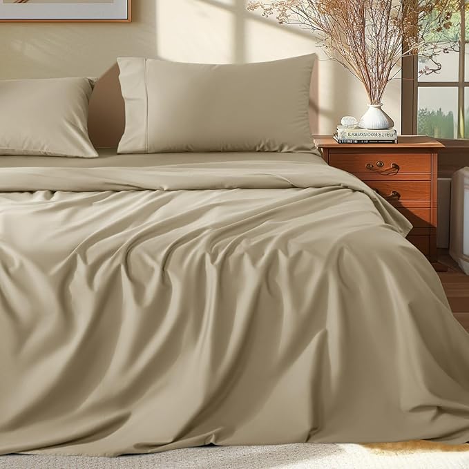 Shilucheng 100% Egyptian Cotton Queen Size Sheets Set - 1000 Thread Count，Luxury Cotton Bed Sheets，Breathable & Cooling Bedding and Pillow Cases, 16 Inch Deep Pocket - 4 Piece (Linen, Queen)