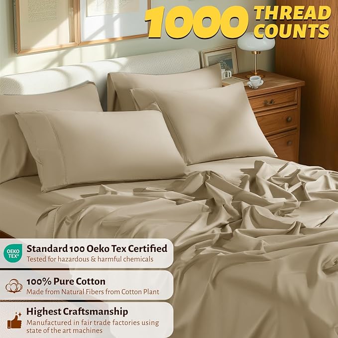 Shilucheng 100% Egyptian Cotton King Size Sheets Set - 1000 Thread Count，Luxury Cotton Bed Sheets，Breathable & Cooling Bedding and Pillow Cases, 16 Inch Deep Pocket - 6 Piece (Linen, King)
